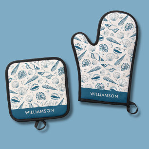 Ensemble De Gant De Cuisine Et De Manique Motif Coquillage bleu
