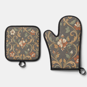 Ensemble De Gant De Cuisine Et De Manique Motif damassé floral crème orange à enroulement or