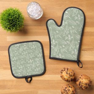 Ensemble De Gant De Cuisine Et De Manique Motif d'art floral de feuilles vert sauge botaniqu