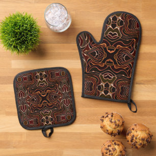Ensemble De Gant De Cuisine Et De Manique Motif d'art tribal orange noir ivoire en terre cui