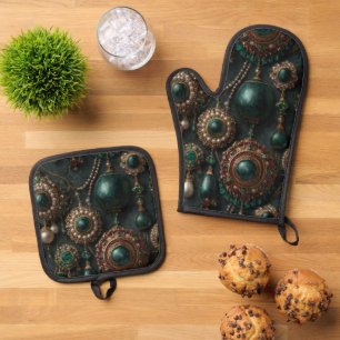 Ensemble De Gant De Cuisine Et De Manique Motif de bijoux de luxe vintage émeraude et perle