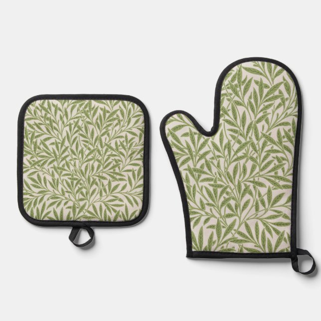 Ensemble De Gant De Cuisine Et De Manique Motif de branches feuillues vertes  (Recto)
