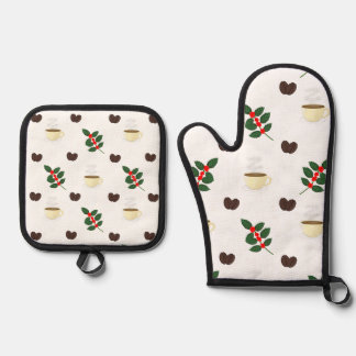 Ensemble De Gant De Cuisine Et De Manique Motif de café avec haricots, tasses et caféiers