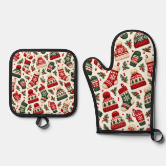 Ensemble De Gant De Cuisine Et De Manique Motif de chapeaux et de chaussettes de Noël au tri