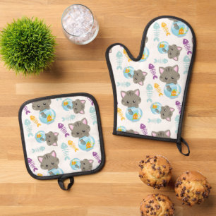 Ensemble De Gant De Cuisine Et De Manique Motif De Chats, Chats Mignons, Chatons, Poisson
