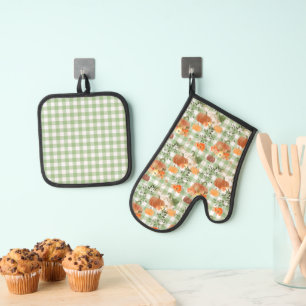 Ensemble De Gant De Cuisine Et De Manique Motif de chèques blancs verts Citrouille orange