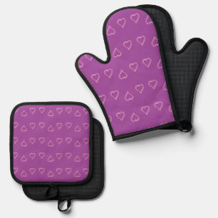 Ensemble De Gant De Cuisine Et De Manique Motif de coeur rouge sur violet