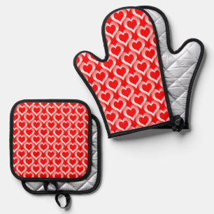 Ensemble De Gant De Cuisine Et De Manique Motif de coeurs blancs rouges