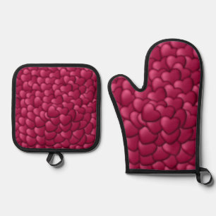 Ensemble De Gant De Cuisine Et De Manique Motif de coeurs rouges 3D romantiques-32322