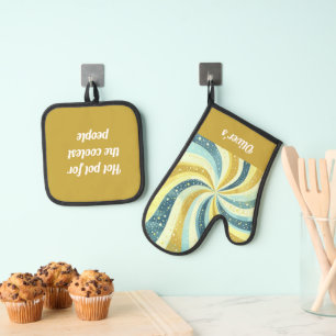 Ensemble De Gant De Cuisine Et De Manique Motif De Couleur Bleu Et Doré Rétro
