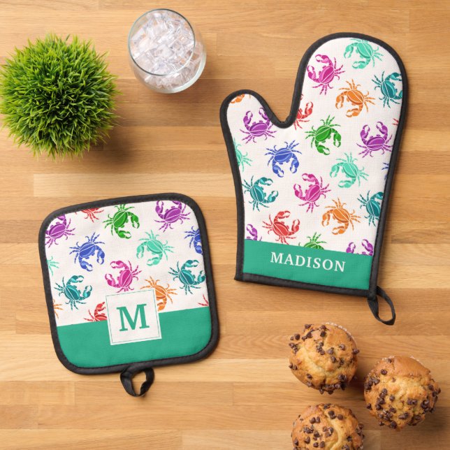 Ensemble De Gant De Cuisine Et De Manique Motif De Crabes (De haut en bas)