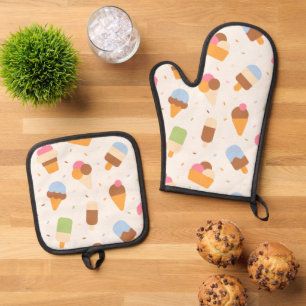 Ensemble De Gant De Cuisine Et De Manique Motif de crème glacée, cône de crème glacée, Popsi