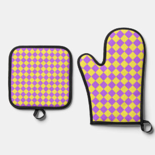 Ensemble De Gant De Cuisine Et De Manique Motif de diamant jaune pourpre Checker