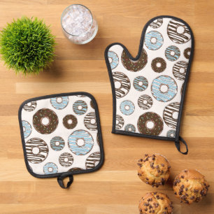 Ensemble De Gant De Cuisine Et De Manique Motif De Donuts, Donuts Bleus, Donuts Brown