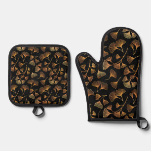 Ensemble De Gant De Cuisine Et De Manique Motif de feuille d'or de bronze