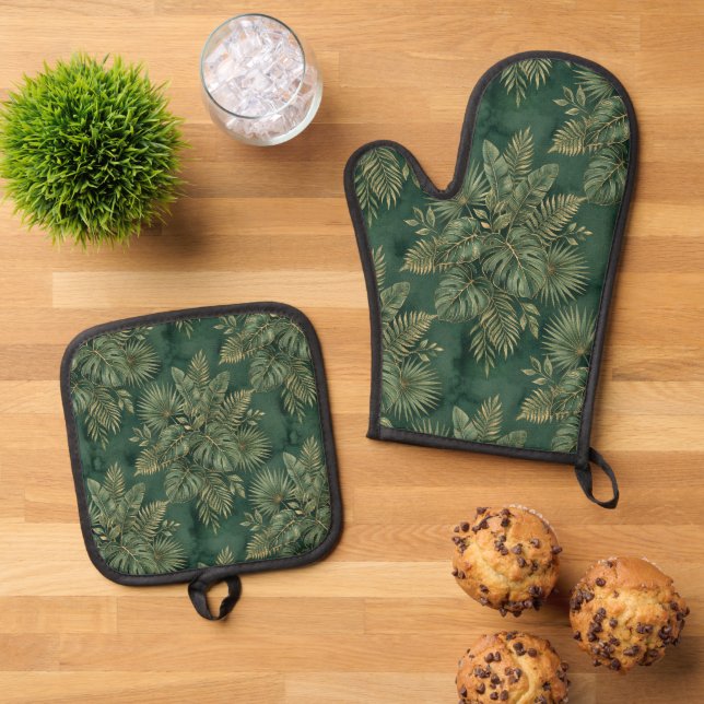 Ensemble De Gant De Cuisine Et De Manique Motif de feuilles tropicales en or vert de luxe (De haut en bas)