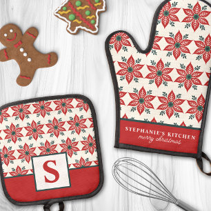 Ensemble De Gant De Cuisine Et De Manique Motif de fleur de poinsettia rouge, monogramme flo