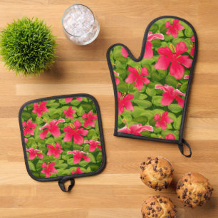Ensemble De Gant De Cuisine Et De Manique Motif de fleur d'Hibiscus Hawaïen rose