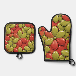 Ensemble De Gant De Cuisine Et De Manique Motif de fleur rouge vert gras pétale de coeur bri