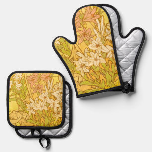 Ensemble De Gant De Cuisine Et De Manique Motif de fleurs de lys d'Alphonse Mucha : Art nouv