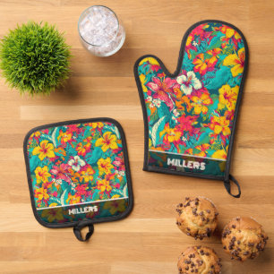 Ensemble De Gant De Cuisine Et De Manique Motif de fleurs tropicales colorées