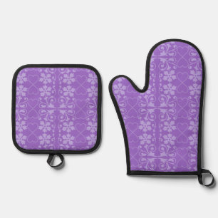 Ensemble De Gant De Cuisine Et De Manique Motif de fleurs violettes en Amethyst violet