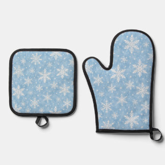 Ensemble De Gant De Cuisine Et De Manique Motif de flocon de neige bleu givré aquarelle