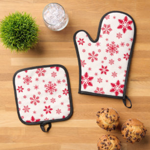 Ensemble De Gant De Cuisine Et De Manique Motif de flocon de neige, Flammes de neige rouges,