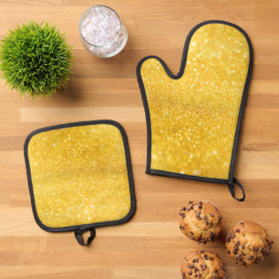 Ensemble De Gant De Cuisine Et De Manique Motif de fond Sparkle doré 1