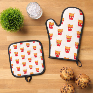 Ensemble De Gant De Cuisine Et De Manique Motif de frites rouges et jaunes joyeux minimalist