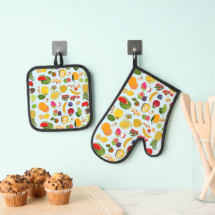 Ensemble De Gant De Cuisine Et De Manique Motif de fruits d'été coloré