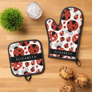 Ensemble De Gant De Cuisine Et De Manique Motif De Ladybugs, Red Ladybugs, Votre Nom
