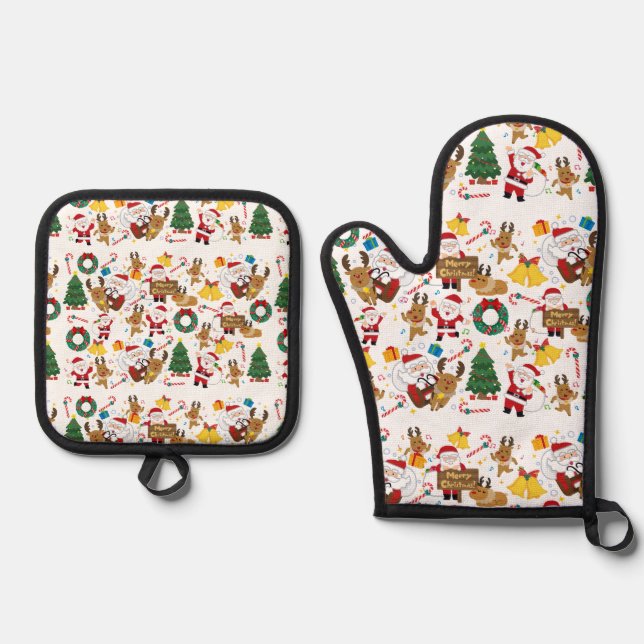 Ensemble De Gant De Cuisine Et De Manique motif de Noël  (Recto)