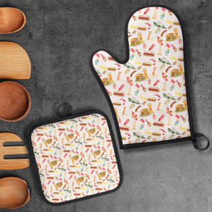 Ensemble De Gant De Cuisine Et De Manique Motif de nourriture BBQ à l'aquarelle, boissons et