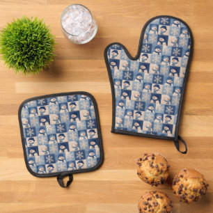 Ensemble De Gant De Cuisine Et De Manique Motif de patchwork Bonhommes de neige et Flocons d