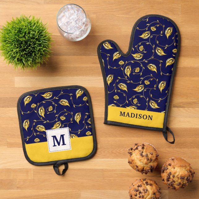 Ensemble De Gant De Cuisine Et De Manique Motif de Peacock Sari (De haut en bas)