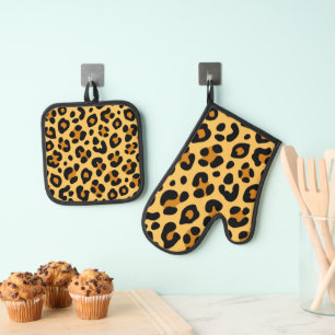 Ensemble De Gant De Cuisine Et De Manique Motif de peau Léopard Gold et Black Faux