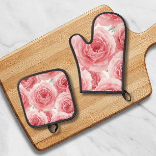 Ensemble De Gant De Cuisine Et De Manique Motif de pétale rose floral aquarelle roses carmin