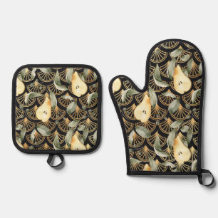 Ensemble De Gant De Cuisine Et De Manique Motif de poires d'aquarelle et d'échelles d'or