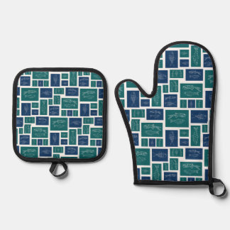 Ensemble De Gant De Cuisine Et De Manique Motif de poisson bleu vert vintage