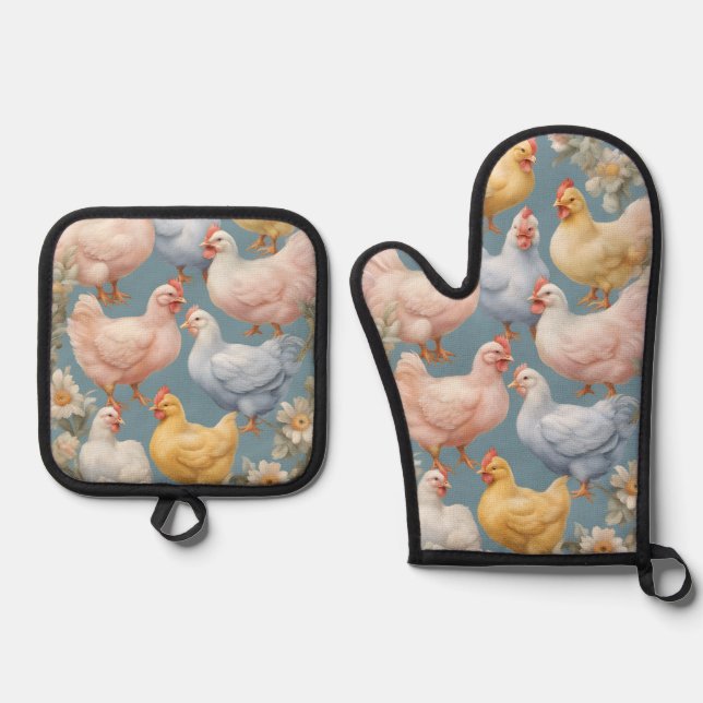 Ensemble De Gant De Cuisine Et De Manique Motif de poulet (Recto)