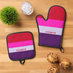Ensemble De Gant De Cuisine Et De Manique Motif de rayures rouge, rose et violet Personnalis