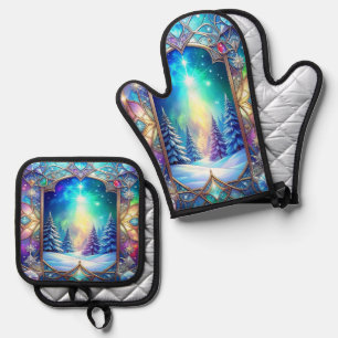 Ensemble De Gant De Cuisine Et De Manique Motif de verre coloré orné