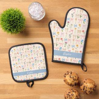 Ensemble De Gant De Cuisine Et De Manique Motif d'élégance florale bleue chic à nœud papillo