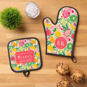 Ensemble De Gant De Cuisine Et De Manique Motif d'été pour le Monogramme de fruits tropicaux