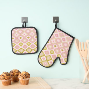 Ensemble De Gant De Cuisine Et De Manique Motif diamant géométrique en rose et vert olive