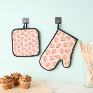 Ensemble De Gant De Cuisine Et De Manique Motif douce pêche d'été 