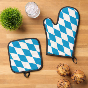 Ensemble De Gant De Cuisine Et De Manique Motif Drapeau Diamant Bavière bleu et blanc