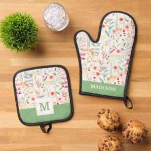 Ensemble De Gant De Cuisine Et De Manique Motif du jardin de fleurs Pastel
