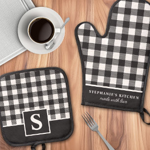 Ensemble De Gant De Cuisine Et De Manique Motif écossais noir et blanc monogrammé de Buffalo
